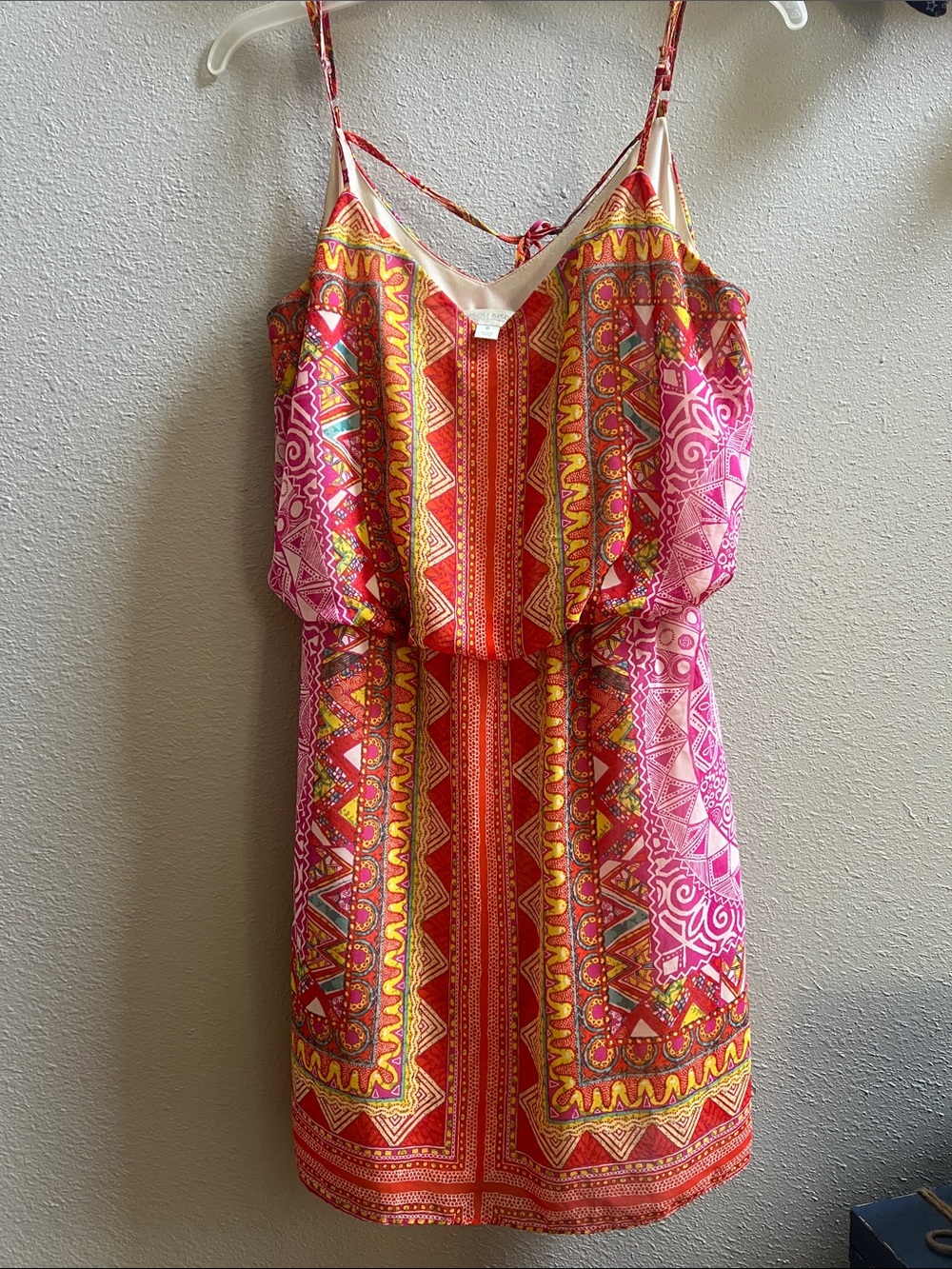 Bisou Bisou Pink & Orange Geometric Print Spaghetti-Strap Mini Dress